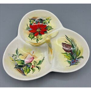 Vtg‎ Ucagco Japan Tri-Section Holiday Ceramic Serving Trinket Dish Holly
